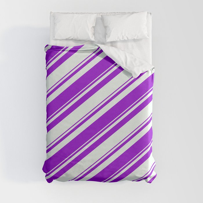 Dark Violet and Mint Cream Colored Pattern of Stripes Duvet Cover