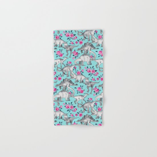 Dinosaurs and Roses - turquoise blue Hand & Bath Towel