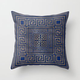 Greek Key Ornament - Greek Meander -gold on blue Throw Pillow