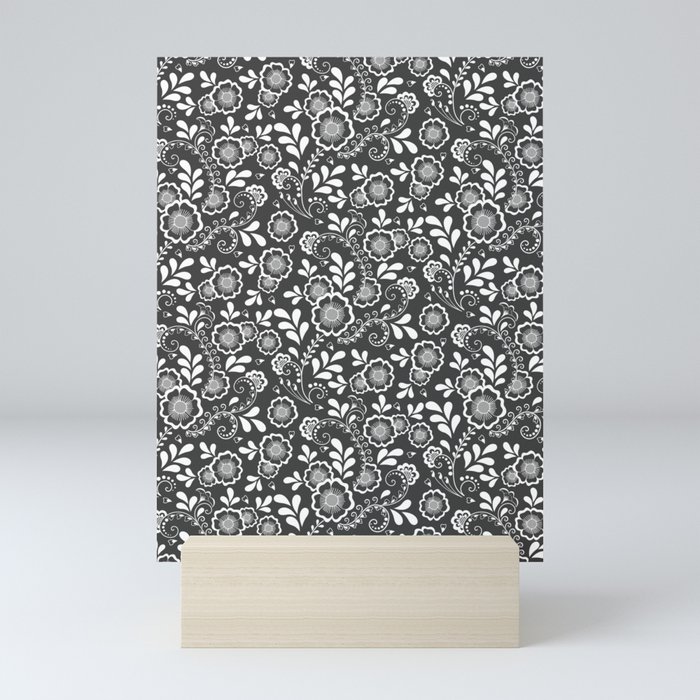 Dark Grey And White Eastern Floral Pattern Mini Art Print