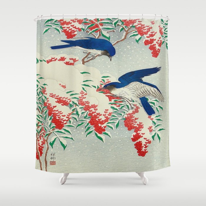 Ohara Koson Birds In Snow Japanese Woodblock Print Vintage Historical Japanese Art Shower Curtain
