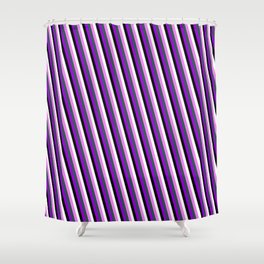 [ Thumbnail: Colorful Violet, Dark Slate Gray, Dark Violet, Black & White Colored Lines/Stripes Pattern Shower Curtain ]
