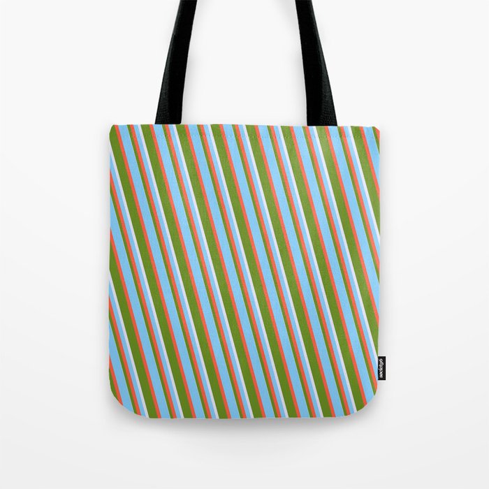 Light Sky Blue, Red, Green & Lavender Colored Lined Pattern Tote Bag