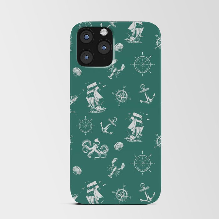 Green Blue And White Silhouettes Of Vintage Nautical Pattern iPhone Card Case