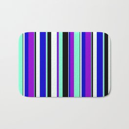 [ Thumbnail: Dark Violet, Aquamarine, Black, Mint Cream & Blue Colored Pattern of Stripes Bath Mat ]