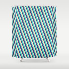 [ Thumbnail: Beige, Turquoise & Dark Slate Blue Colored Lined Pattern Shower Curtain ]