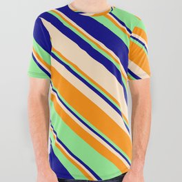 [ Thumbnail: Light Green, Blue, Bisque, and Dark Orange Colored Stripes/Lines Pattern All Over Graphic Tee ]