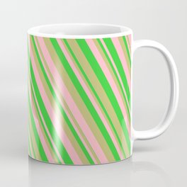 [ Thumbnail: Dark Khaki, Light Pink & Lime Green Colored Lines/Stripes Pattern Coffee Mug ]