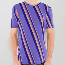 [ Thumbnail: Light Salmon, Blue, and Slate Blue Colored Stripes Pattern All Over Graphic Tee ]