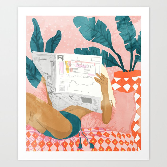 Modern Bohemian Morning Newspaper | Tropical Banana Leaves Palm Watercolor | Boho Woman & Decor Art Print