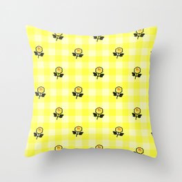 Sunny Yellow Gingham Roses Pattern Throw Pillow