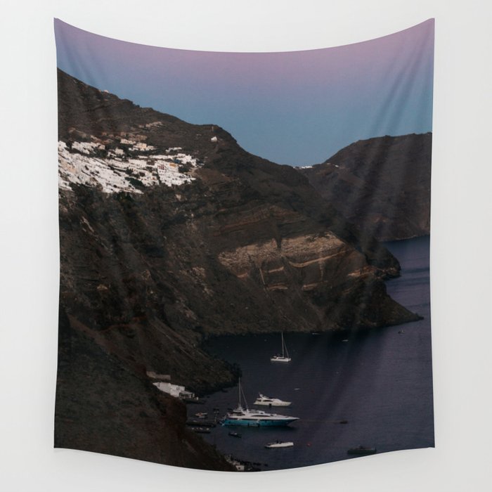 Santorini by Night | White Houses of the Village of Fira against the Evening Sky | Travel & Nature P Wall Tapestry