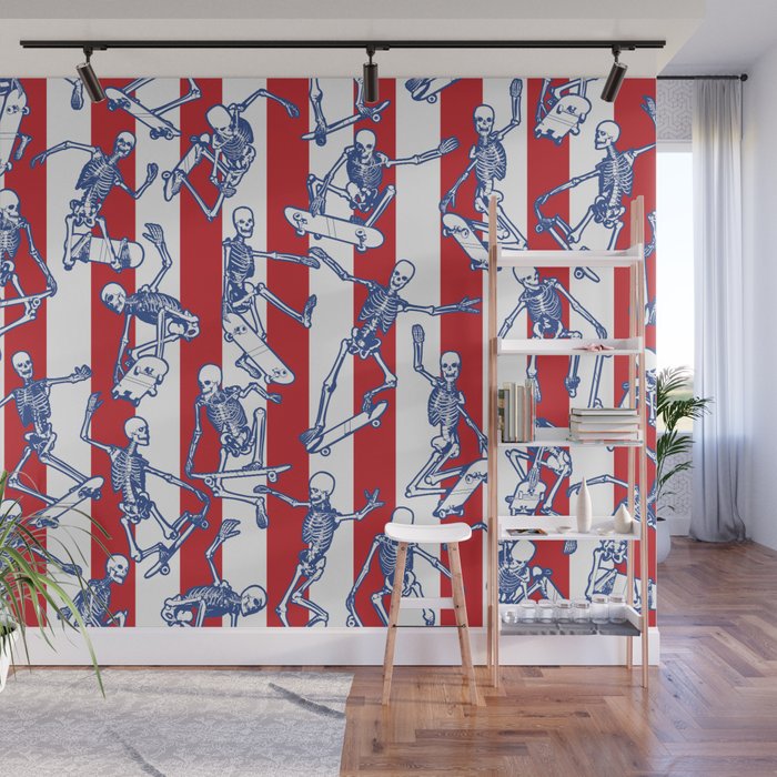 Skater USA American Flag Skateboarding Skeletons Pattern Wall Mural