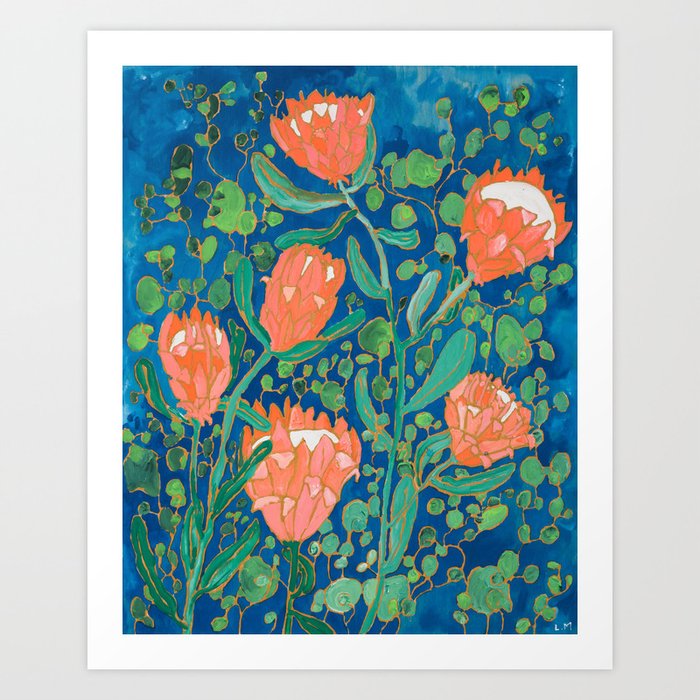 Coral Proteas on Blue Pattern Painting Kunstdrucke Coral Proteas on Blue Pattern Painting Kunstdrucke
