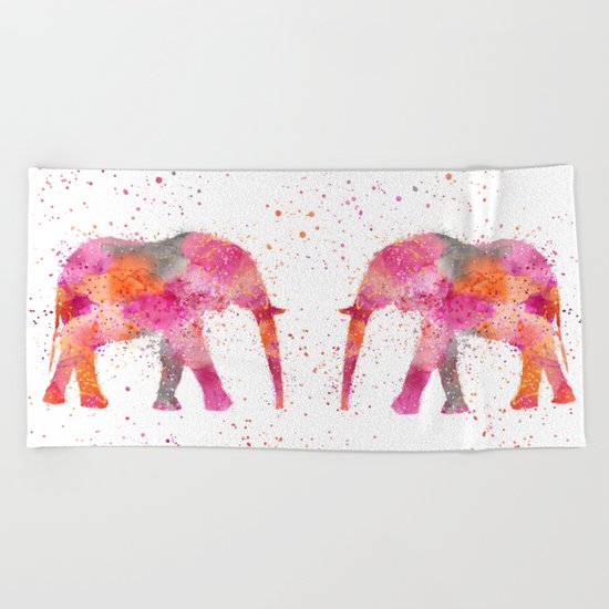 Artsy watercolor Elephant bright orange pink colors Beach Towel