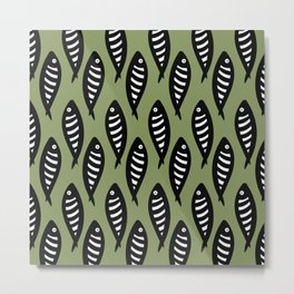 Abstract black and white fish pattern Sage green Metal Print