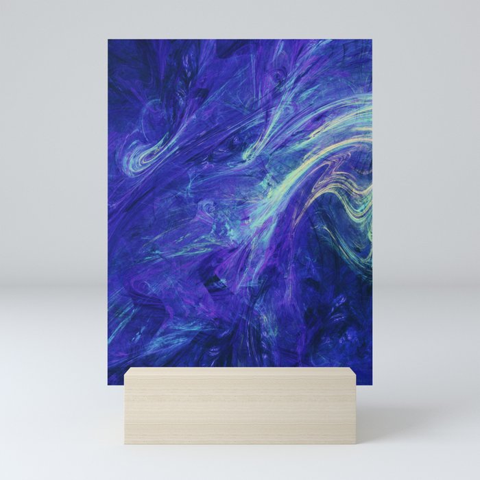 Blue Liquid Splash Neon Swirl Abstract Artwork Mini Art Print
