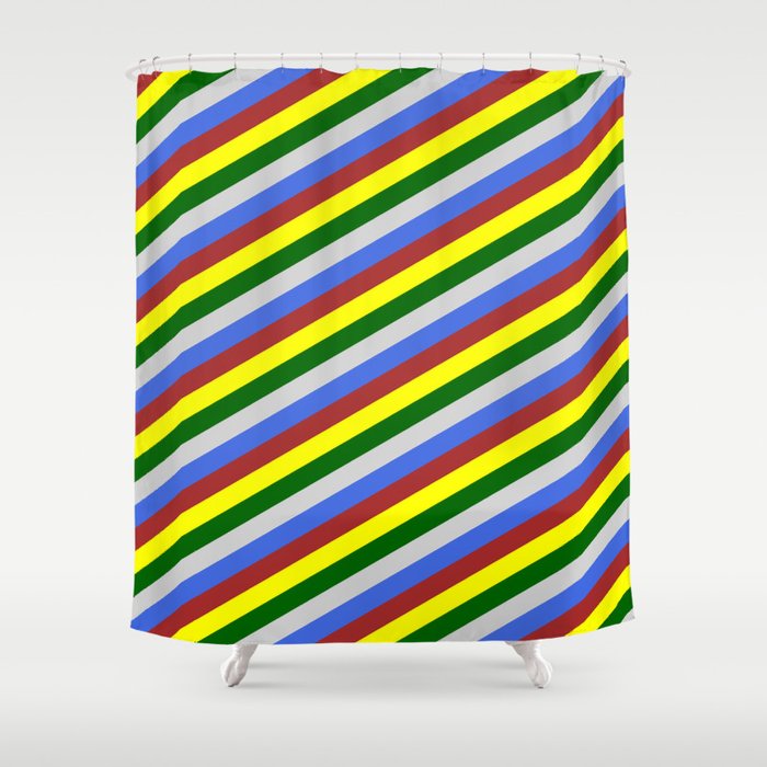 Eyecatching Light Grey, Royal Blue, Brown, Yellow & Dark Green Colored Pattern of Stripes Shower Curtain