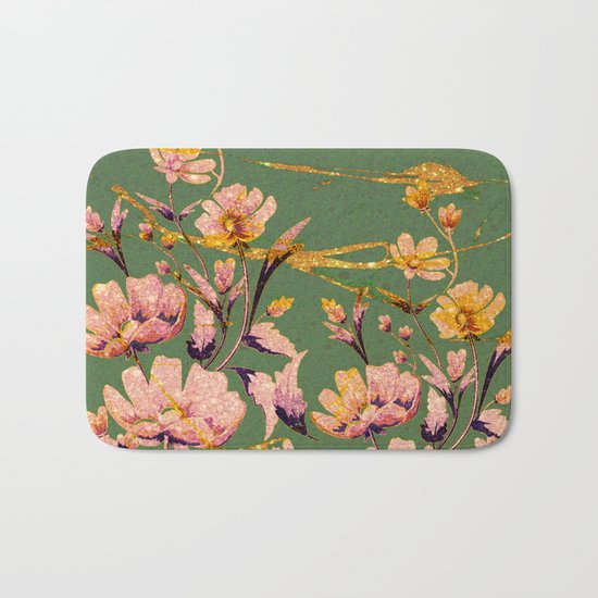 glittering pink flowers on green Bath Mat