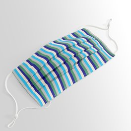 [ Thumbnail: Colorful Deep Sky Blue, Beige, Dark Blue, Sea Green & Grey Colored Pattern of Stripes Face Mask ]