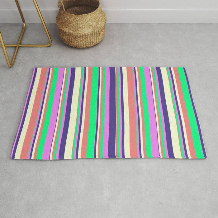Vibrant Light Coral, Green, Violet, Dark Slate Blue, and Light Yellow Colored Pattern of Stripes Rug