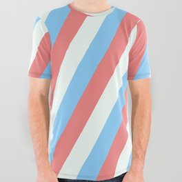 [ Thumbnail: Light Sky Blue, Light Coral, and Mint Cream Colored Lined Pattern All Over Graphic Tee ]