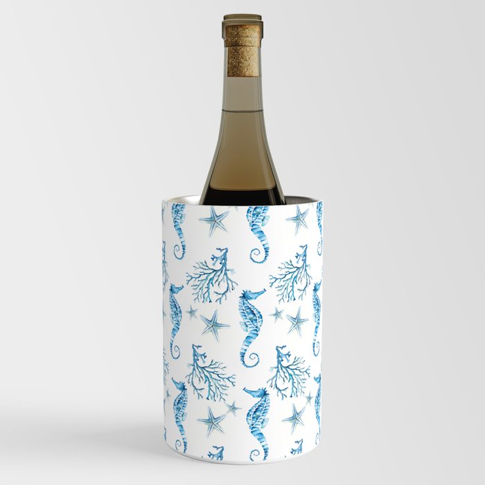 Coastal Blue Seahorse Coral and Starfish Pattern Wine Chiller