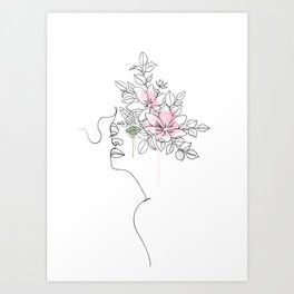 Woman Floral Head Drawing Art Print