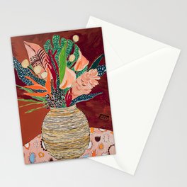 Autumnal Bouquet of Flowers in Woven Basket Vase on Warm Auburn Rust Still Life Fall Floral Painting Stationery Card