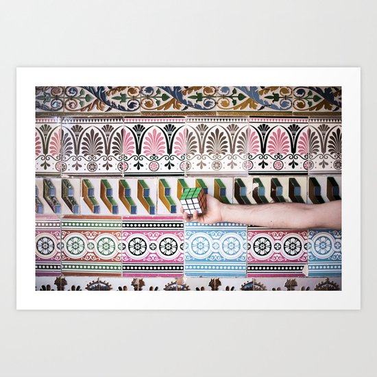 Cube against the tiles Art Print