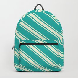 [ Thumbnail: Light Sea Green & Beige Colored Lined/Striped Pattern Backpack ]
