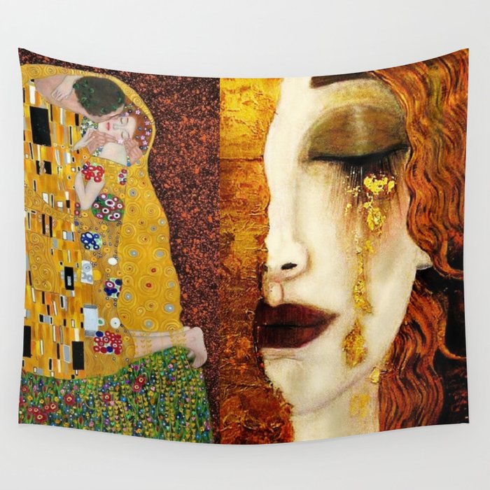 Gustav Klimt: The Kiss & Freya's Tears golden-red flower anemone college portrait painting Wall Tapestry
