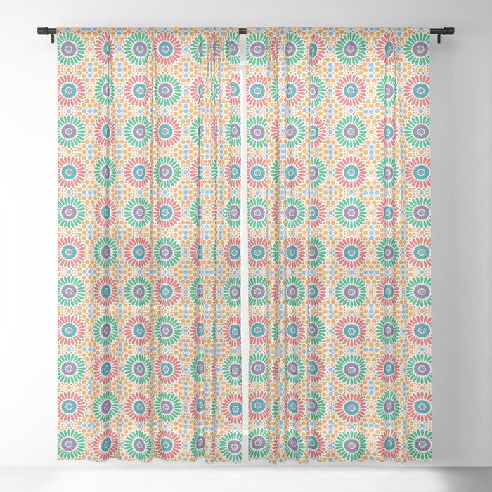 Flower Pattern Brown Green Red Yellow Sheer Curtain