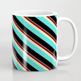 [ Thumbnail: Colorful Dim Gray, Maroon, Tan, Turquoise & Black Colored Stripes/Lines Pattern Coffee Mug ]