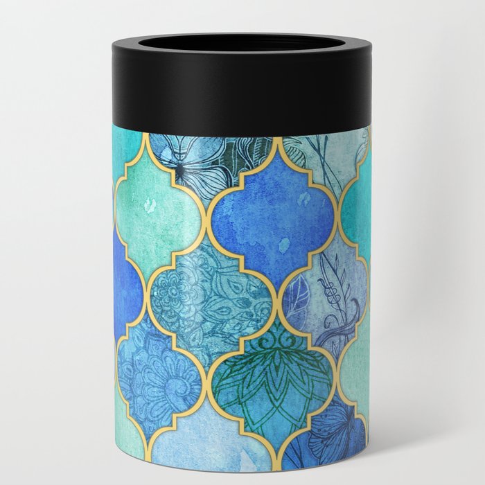 Cobalt Blue, Aqua & Gold Decorative Moroccan Tile Pattern Can Cooler