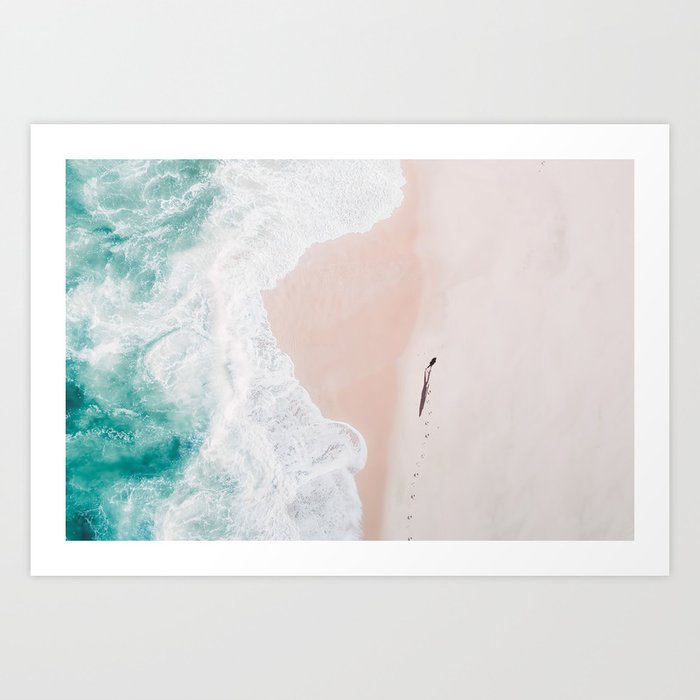 Aerial Beach Walk Print - Aerial Ocean - Pink Sand - Sea Travel photography Art Print