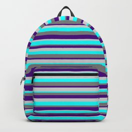 [ Thumbnail: Grey, Indigo, Light Gray, and Cyan Colored Striped Pattern Backpack ]