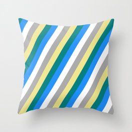 [ Thumbnail: Eye-catching Tan, Teal, Blue, White & Dark Gray Colored Striped/Lined Pattern Throw Pillow ]