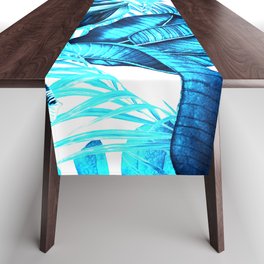 blue turquoise tropical leaves pattern elegant coastal botanical leaf Table Runner