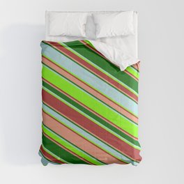 [ Thumbnail: Vibrant Powder Blue, Chartreuse, Brown, Dark Salmon & Dark Green Colored Lined/Striped Pattern Comforter ]