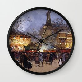 Place de la Republique, Paris, France nighttime cityscape painting by Eugene Galien Laloue Wall Clock
