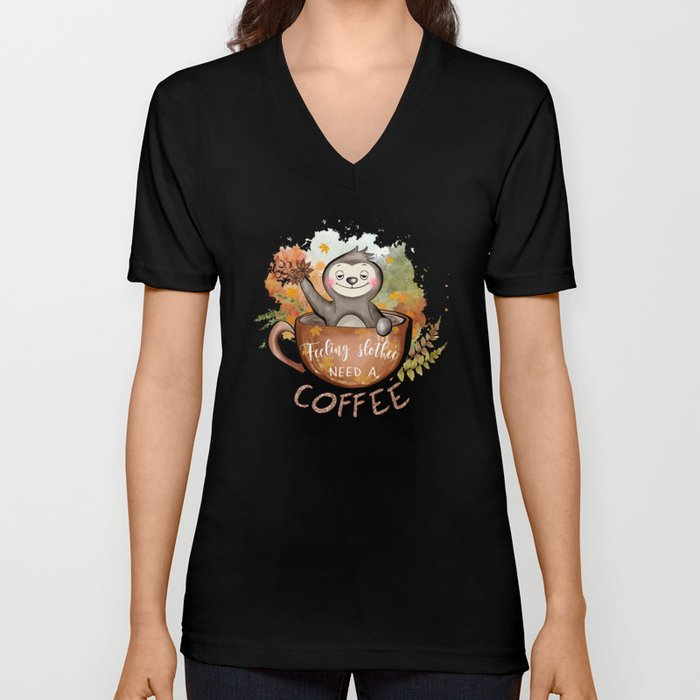 Autumn coffee graphic sublimation sloth V Neck T Shirt