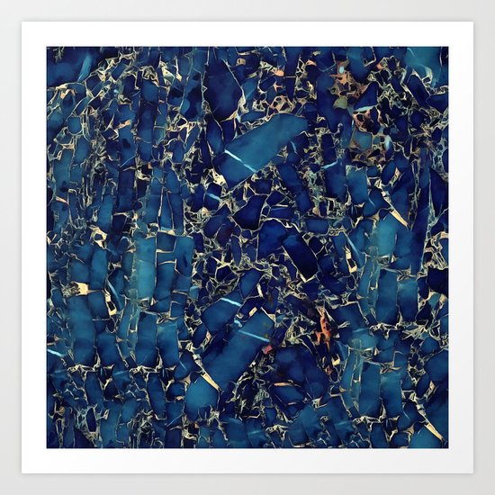 Dark blue stone marble abstract texture with gold streaks Art Print