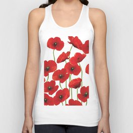 Poppies Flowers red field white background pattern Unisex Tank Top
