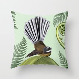 Bird New Zealand Fantail Green Throw Pillow