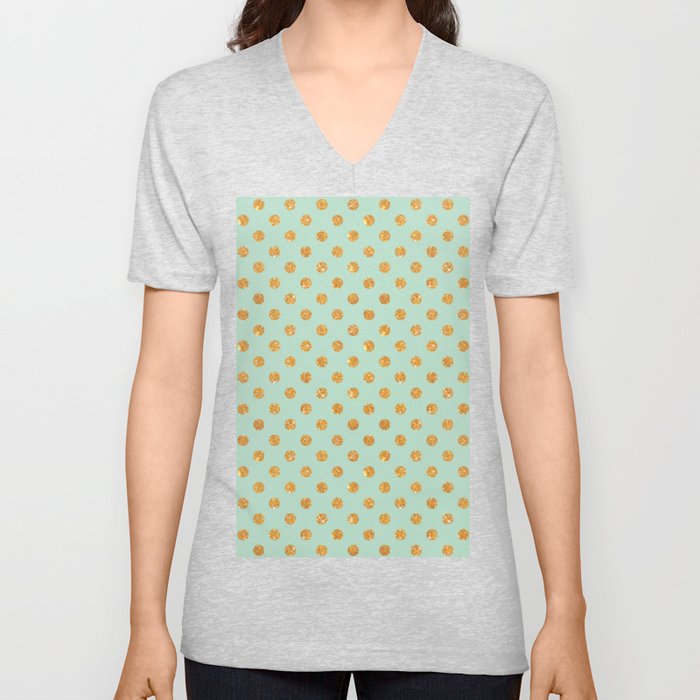 Elegant geometric mint green gold glitter polka dots V Neck T Shirt