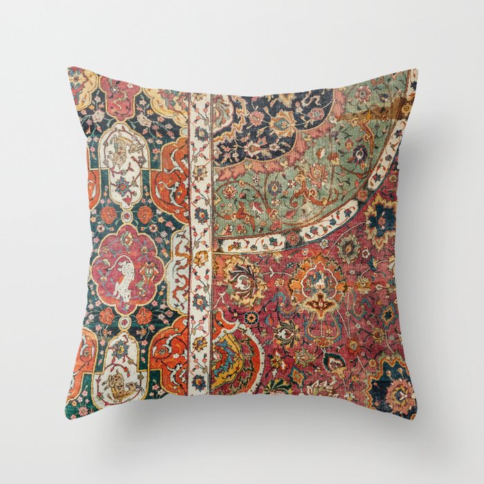 Persian Medallion Rug II // 16th Century Distressed Red Green Blue Flowery Colorful Ornate Pattern Throw Pillow
