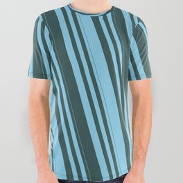 [ Thumbnail: Sky Blue and Dark Slate Gray Colored Lines Pattern All Over Graphic Tee ]