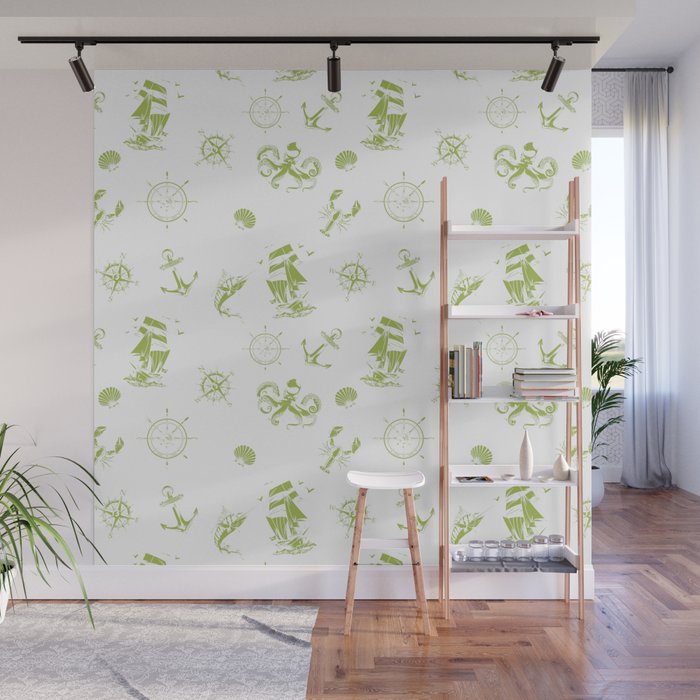 Light Green Silhouettes Of Vintage Nautical Pattern Wall Mural