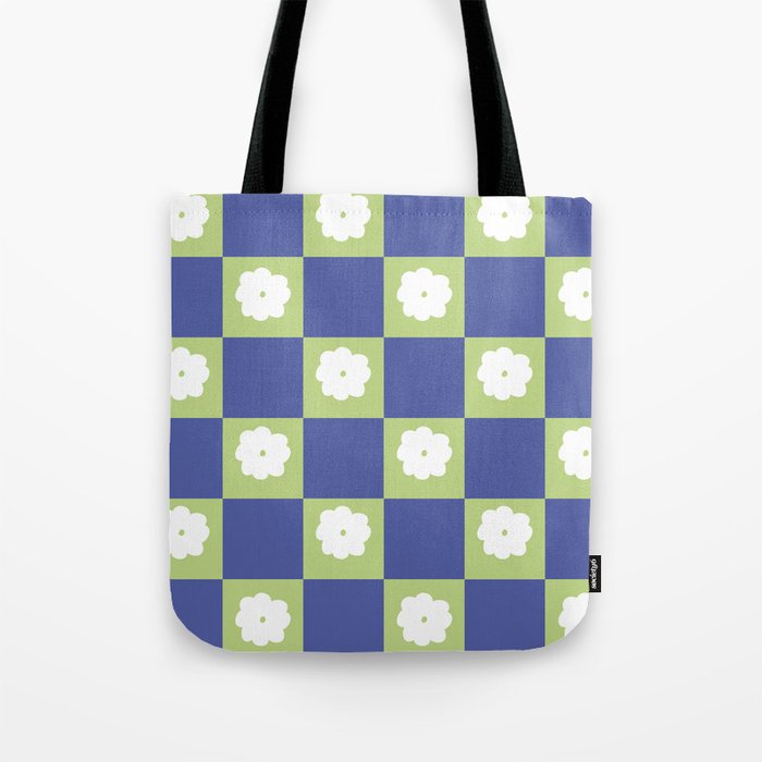 Very Peri Blue + Green Checker and Groovy Flowers Tote Bag